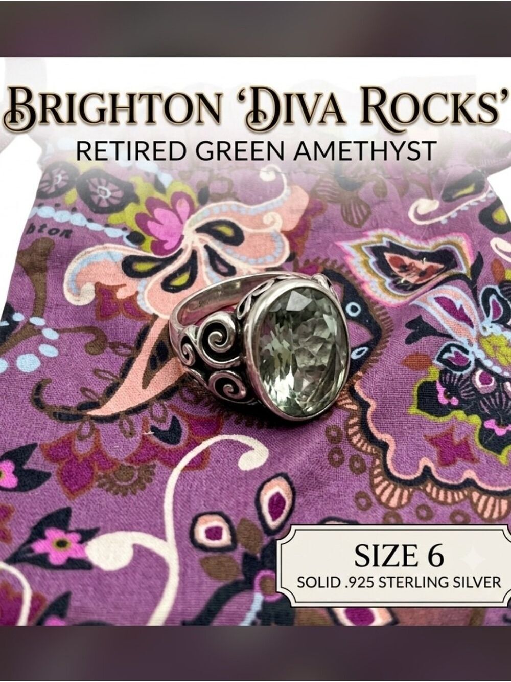 Retired Brighton Diva Rocks 925 Sterling Silver Green Amethyst Prasiolite Scroll